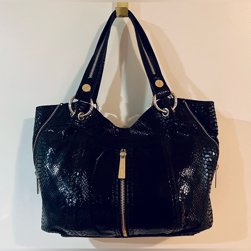 Michael Kors Moxley Black Python Snakeskin Leather Shoulder Bag w/ Gold Accents